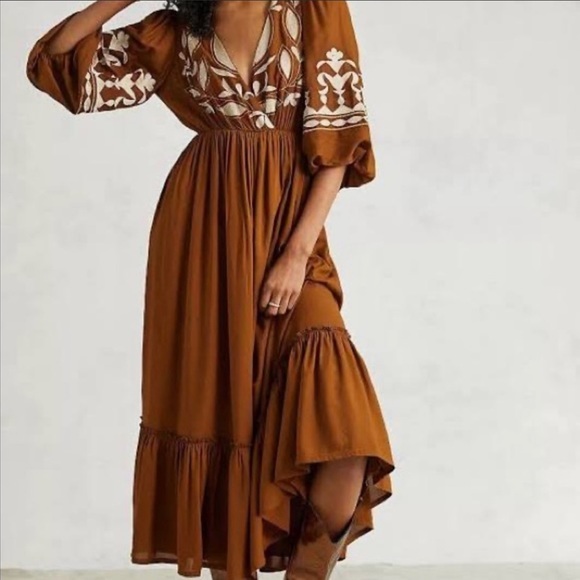 Anthropologie Boho Maxi Dress NWT Rich Brown Embroidered So Perfect & Stunning! - Picture 8 of 12